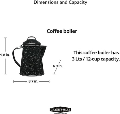 Granite Ware 3 Qt Coffee Boiler. Enameled Steel 12 cups capacity. Perfect for camping, Heat Coffee, Tea and Water directly on stove or fire.