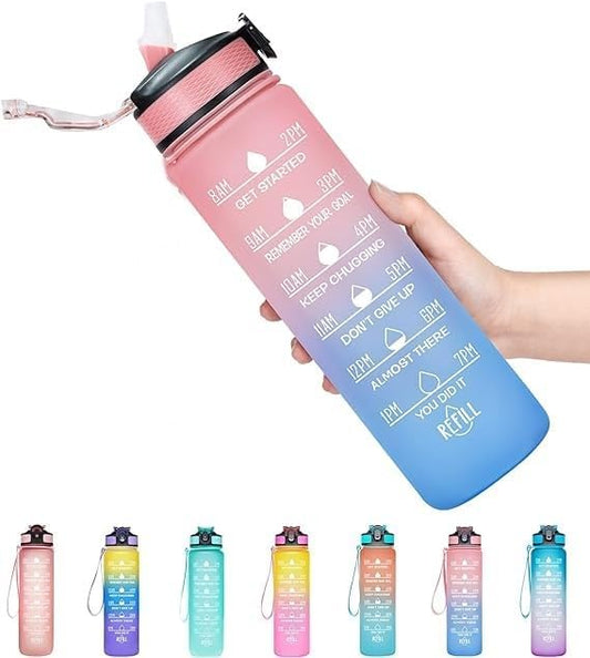 Vita Large Water Bottles | 32oz Motivational Water Bottles with Time Marker | Fitness Sports Water Bottle with Strap & Straw for Office, Gym, Outdoor Sports BPA Free (Pink & Blue)