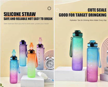 Vita Large Water Bottles | 32oz Motivational Water Bottles with Time Marker | Fitness Sports Water Bottle with Strap & Straw for Office, Gym, Outdoor Sports BPA Free (Pink & Blue)