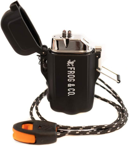 Survival Frog Tough Electric Lighter 2.0 - Waterproof & Windproof Lighters - Flameless Top-Facing Dual Arc Plasma, USB Rechargeable w/Built-in Flashlight, Camping, Survival Fire Starter (Black)