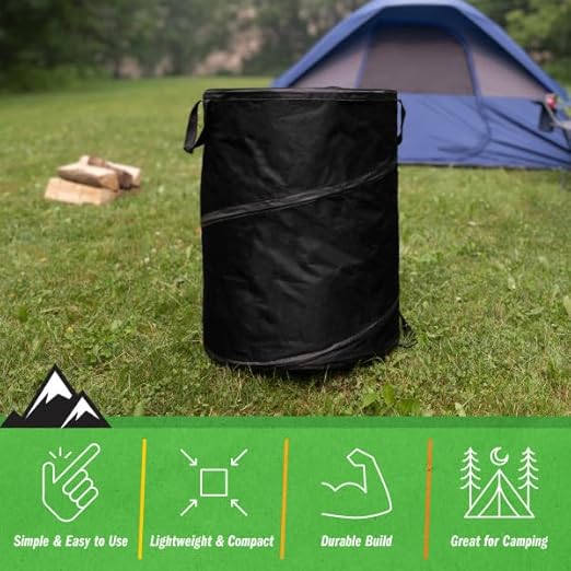 Collapsible Trash Can - 46-Gallon Garbage Can Outdoor Bin with 3 Stakes for RV, Camping, Storage, Recycling, or Yard Waste by Wakeman Outdoors (Black)