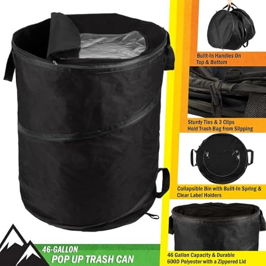Collapsible Trash Can - 46-Gallon Garbage Can Outdoor Bin with 3 Stakes for RV, Camping, Storage, Recycling, or Yard Waste by Wakeman Outdoors (Black)