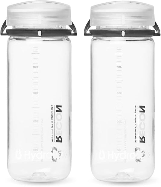 HydraPak Recon - 50% Recycled Plastic Water Bottle, Eco Friendly & BPA Free, Smooth Flow Twist Cap, Easy Carry (500 ml, Clear/Black & White)