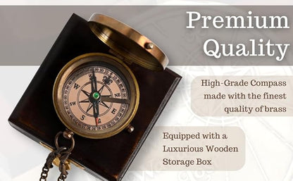 Brass Nautical - Not All Those Who Wander are Lost Brass Gift Embossed Compass with Wooden case, Graduation Day Baptism Communion Confirmation Day Motivational LOTR J.R.R. Tolkien (Wooden Box)