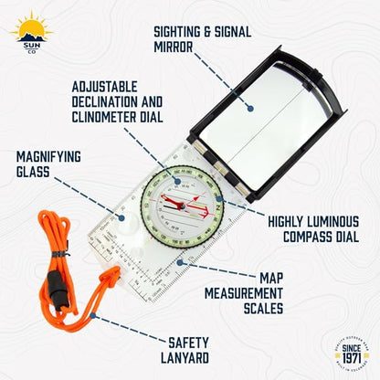 Sun Company ProSight Sighting Map Compass with Adjustable Declination - Lightweight Orienteering Baseplate Compass for Hiking, Backpacking, and Survival Navigation | Professional Grade Compass