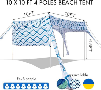 Beach Canopy Tent Shade with Sidewalls 10x10FT, 6.6FT Tall, UPF50+ Sun Shelter, Windproof & Water Resistant, Includes Guylines Sand Shovel Stability Poles, Easy Up for Beach Outdoor Camping Backyard