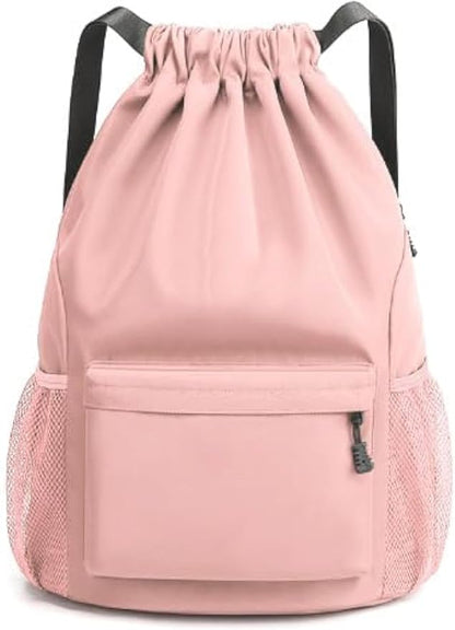 Sports Drawstring Backpack String Swimming Gym Bag Backpack with Shoes Compartment and Pocket for Men Women（pink