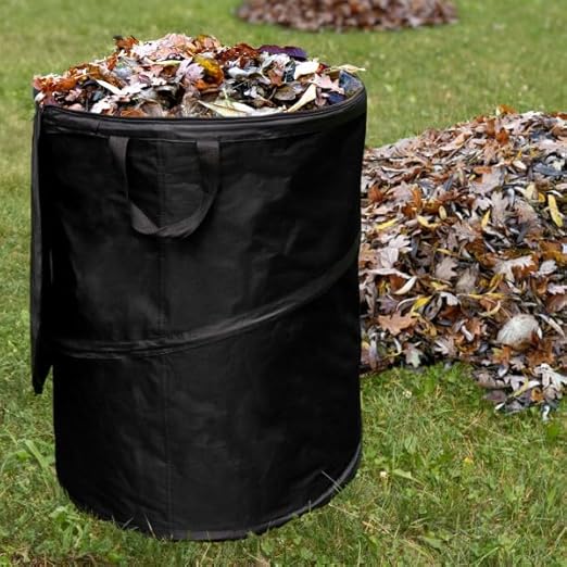 Collapsible Trash Can - 46-Gallon Garbage Can Outdoor Bin with 3 Stakes for RV, Camping, Storage, Recycling, or Yard Waste by Wakeman Outdoors (Black)