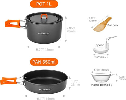 Odoland 9pcs Camping Cookware Non-Stick Lightweight Camping Pots and Pans Set with Plastic Bowls Soup Spoon for Camping, Backpacking, Outdoor Cooking and Picnic