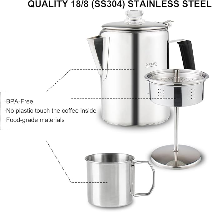Multi Use 9 Cup Coffee Pot Bundle Coffee Percolator with 2 Mugs Stainless Steel Coffee Maker with Two Heat Resistant Borosilicate Glass Knob Fireproof Silica Handle Using on any Stovetop