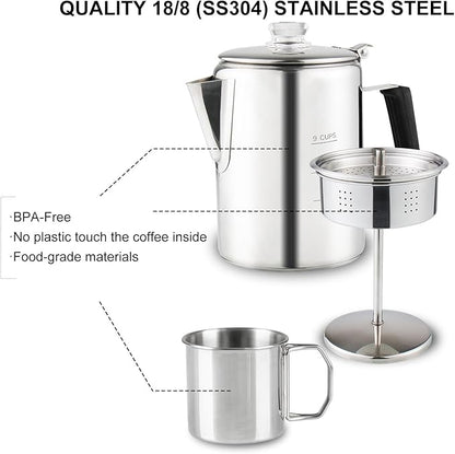 Multi Use 9 Cup Coffee Pot Bundle Coffee Percolator with 2 Mugs Stainless Steel Coffee Maker with Two Heat Resistant Borosilicate Glass Knob Fireproof Silica Handle Using on any Stovetop