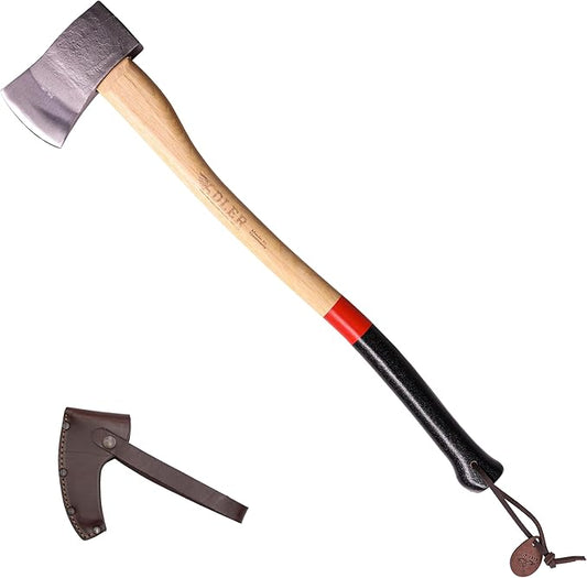 Adler - The Yankee Axe, Hickory Wood, Leather Sheath, German Made, Anti-Slip Head 1.35 pounds, Handle 19.5 inches (Red Stripe)