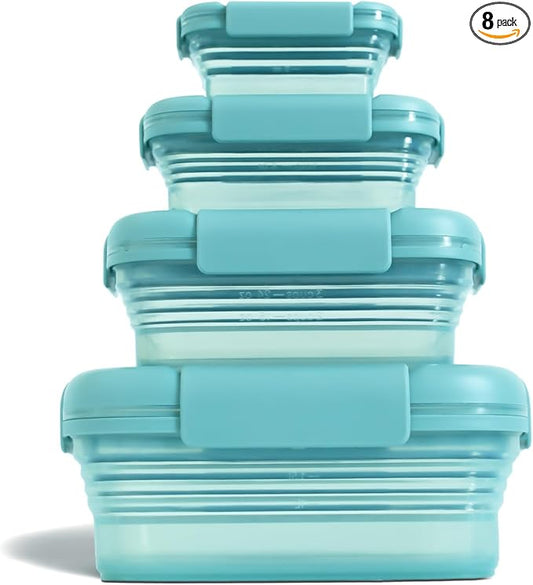 Stojo Nestable Collapsible Food Storage Container -Set of 4, Eucalyptus- Leak-Proof Airtight Seal Made With Food Grade Silicone For Meal Prep, Lunch Box, Pantry Organizer - Microwave & Dishwasher Safe