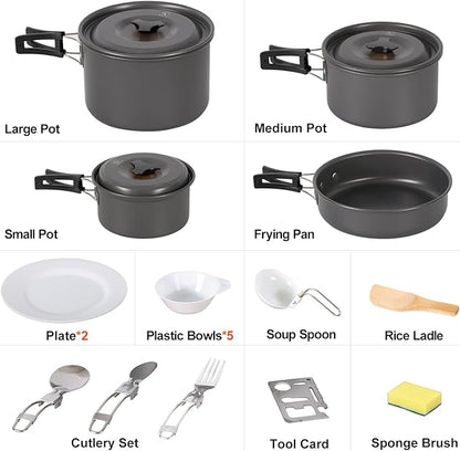 REDCAMP 11/12/17/22 PCS Camping Cookware Mess Kit, 800ml (28oz) Backpacking Camping Pot+Pan Set, Lightweight and Compact Cookware for Hiking, Picnic and Camping