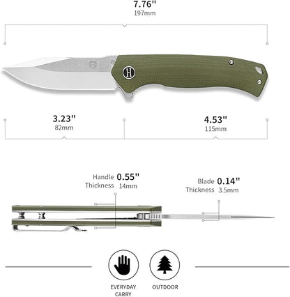 Holtzman's Gorilla Survival Folding Knife D2 Steel Blade G10 Handle Pocket Knife EDC Giftset for Men and Women (half stonewashed half silver blade + green handle (LM042))
