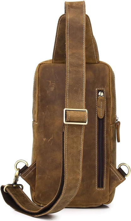 KPYWZER Sling Bag Men Women Vintage Full Grain Genuine Leather Shoulder Backpack Satchel Chest Casual Daypack Crossbody Outdoor Day Pack Backpacks Brown