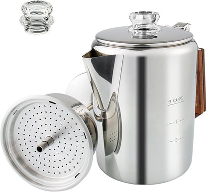 Coffee Percolator Camping Coffee Pot Stainless Steel Coffee Maker with Two Heat Resistant Tough Glass Knob Using on any Stovetop Outdoor Traveling NO Aluminum NO Plastic (9 Cup)