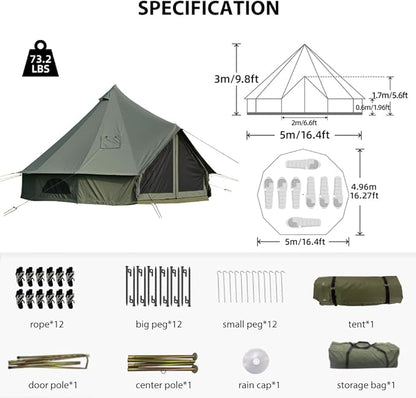 Cotton Canvas Bell Tent with Stove Jack, Roomy Yurt for Family Glamping Camping, 4 Season Tent with Zipped Removable Floor
