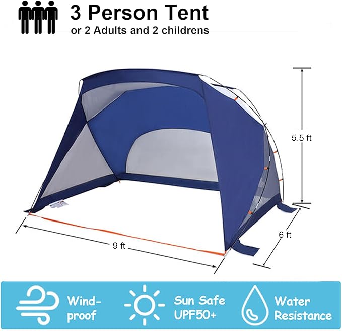Beach Tent, 3/4 Person Sun Shelter Beach Shade Tent with UPF 50+ Protection, Portable Lightweight and Easy Setup Beach Canopy Baby Beach Tent for Camping, Hiking, Fishing, Backyard, Picnics- Navy Blue