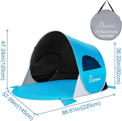 WolfWise UPF 50+ Easy Pop Up 3-4 Person Beach Tent Sport Umbrella Instant Sun Shelter Tent Sun Shade Canopy, Dark Shelter-Blue
