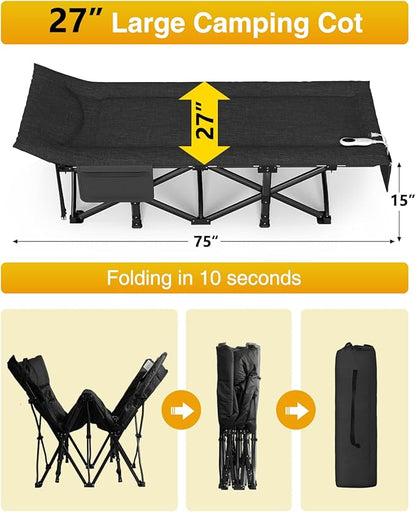 ZENPETIO Heated Camping Cot for Adults, Durable Foldable Cot Bed with Pad & Carry Bag, Portable Sleeping Cot for Camping Home Guest Stay, Direct Plug-in Design for Reliable Heating, Black