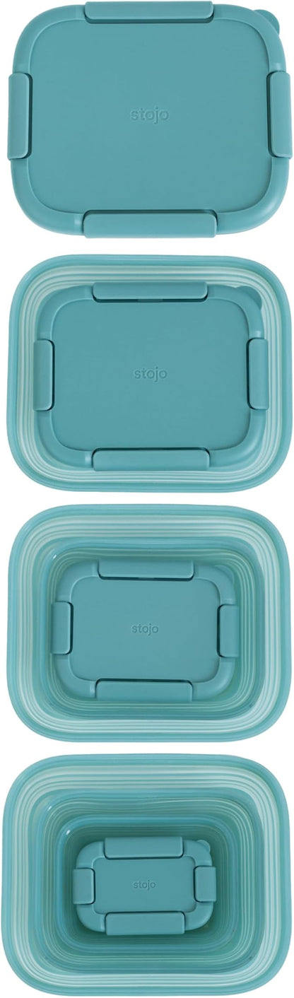 Stojo Nestable Collapsible Food Storage Container -Set of 4, Eucalyptus- Leak-Proof Airtight Seal Made With Food Grade Silicone For Meal Prep, Lunch Box, Pantry Organizer - Microwave & Dishwasher Safe