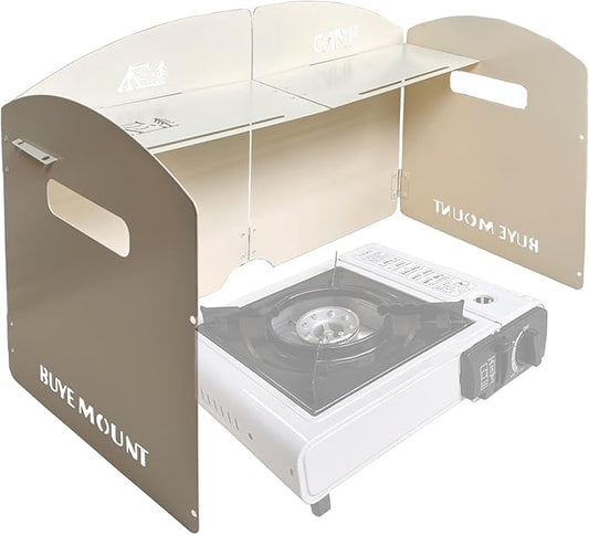 Stove Windscreen - Folding Camping Stove Windshield 4 Plates Stainless Steel Stove Windscreen with Shelf Board for Outdoor, Picnic, Backpacking and Cooking Beige