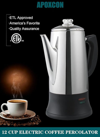 Electric Coffee Percolator Stainless Steel Coffee Maker with Two Heat Resistant Tough Glass Clear Brew Progress Knob Classic Look Keep Warm & Cordless Serving Coffee Pot 12 Cup
