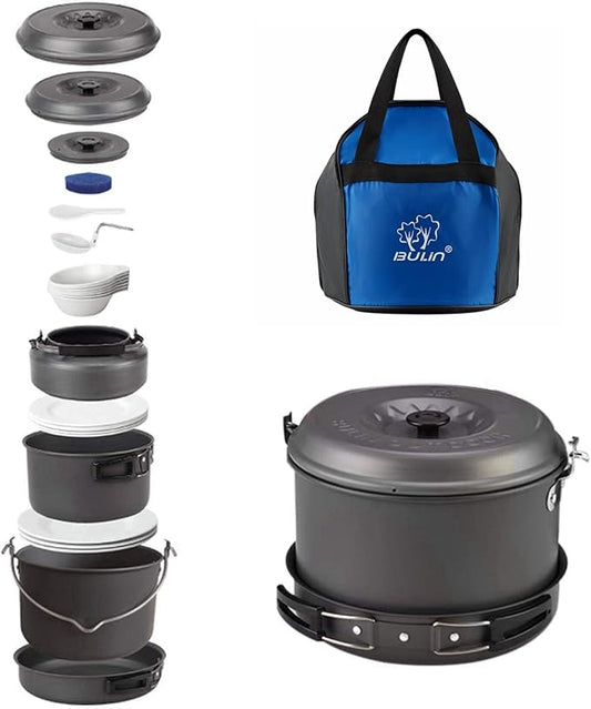 Bulin 24/13/11/8/4 PCS Camping Cookware Mess Kit Lightweight Backpacking Cooking Set Outdoor Cook Gear for Family Hiking, Picnic(Kettle, Pot, Frying Pan, Bowls, Plates, Spoon)