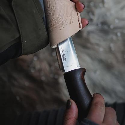 HELLE Knives - Gro- Fixed Blade Knife - Birch Wood Handle - Stick Tang- Camping, Hunting - 12C27 Stainless Steel - Leather Sheath - Made in Norway