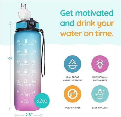 Vita Large Water Bottles | 32oz Motivational Water Bottles with Time Marker | Fitness Sports Water Bottle with Strap & Straw for Office, Gym, Outdoor Sports BPA Free (Pink & Blue)