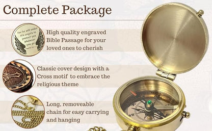 Brass Compass Engraved with Religious Scripture Verse - Ideal Gift for Son, Grandson, Daughter - Perfect for Baptism, Communion, Church and Graduation Day Present