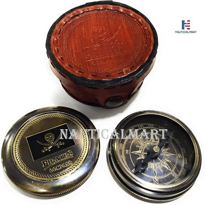 Brass Compass Pirates of Caribbean Jack Sparrow Pocket Antique Gift Free Embossed Leather Case Personalized Compass Engraved, Gift for Baptism, Confirmation, Graduation, Anniversary