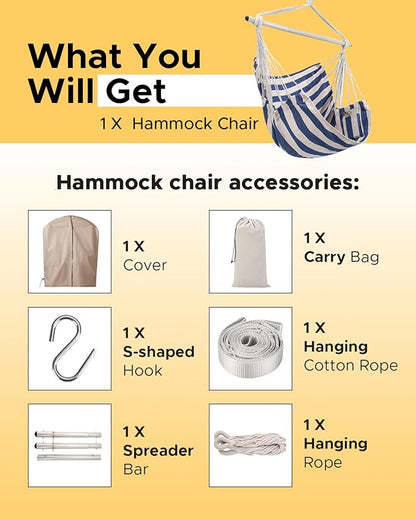 ADVOKAIR Hammock Chair Swing & Cover Set (500 lbs Max) – Hanging Rope Swing for Bedroom, Outdoor, Patio, Porch with Sturdy Steel Bar & Anti-Slip Rings + All-Weather Rain Cover for Storage Protection