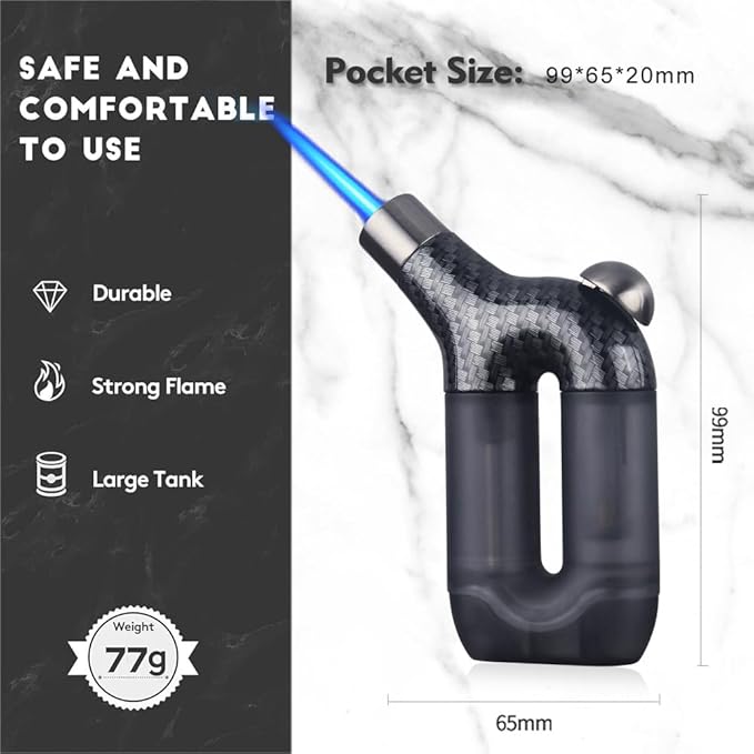 HONEST Torch Lighter Single Jet Flame Butane Lighters Refillable Torch Lighters Adjustable Gas Lighter Windproof Lighters Gift for Men BBQ Grill Camping Without Gas (Carbon Black)