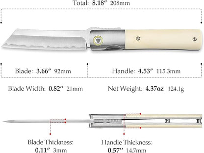 Higonokami Knives Folding Pocket EDC Knife for Men, 3.66" SKD11 Steel Blade, Ti Ring & Handmade OX Bone & Ti Bolster Handle,Leather Sheath for Camping Hiking knife, Kira-02W