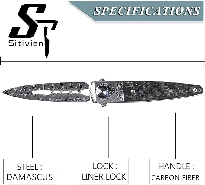 Sitivien ST251 Damascus Steel Folding Knife,Damascus Blade,Titanium Carbon Fiber Handle EDC Tool Knife for Outdoor Fishing, Camping, Hiking …