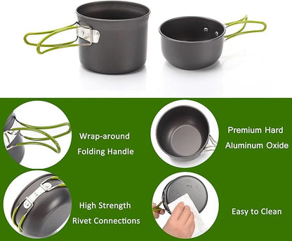 Camping Cookware Set Portable Backpacking Stove Kit, Mini Camp Stove with Non-Stick Lightweight Pots Pans and Stainless Steel Fork Knife Spoon for Outdoor Camping Hiking Cooking Gear