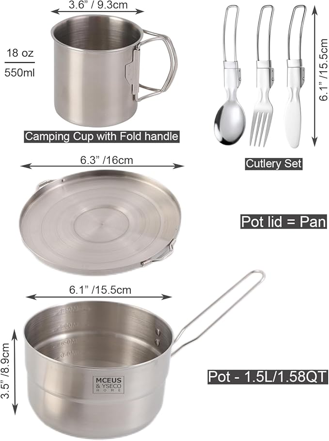 Compact Camping Pot Backpack Mess kit, 18/8 Stainless Steel Camping Pot and Pan Cooking Set, Lightweight Camping Cup, with Folding Camping Silverware Set for Outdoor Camping Hiking Picnic