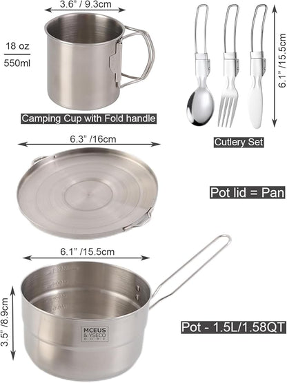 Compact Camping Pot Backpack Mess kit, 18/8 Stainless Steel Camping Pot and Pan Cooking Set, Lightweight Camping Cup, with Folding Camping Silverware Set for Outdoor Camping Hiking Picnic