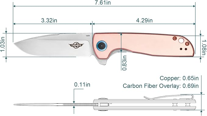 OKNIFE Freeze 2 Folding Knife, EDC Pocket Knife with Copper Handle, 154CM Steel Blade and Ceramic Ball-Bearing Washer for Camping, Hiking
