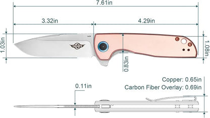 OKNIFE Freeze 2 Folding Knife, EDC Pocket Knife with Copper Handle, 154CM Steel Blade and Ceramic Ball-Bearing Washer for Camping, Hiking