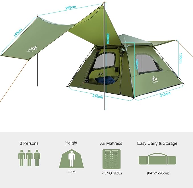 Night Cat Instant Cabin Tent with Canopy Tarp 3 Persons Waterproof Pop Up Tent for Family Camping 2 in 1 Canopy Tent with Porch Automatic Easy Set Up Outdoor