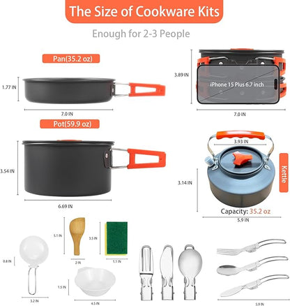 Camping Cookware Set, 13in1 Camping Cookware, Non-Stick Lightweight Camping Pot and Pan Set with Stainless Steel Kettle Plates Spoon for Backpacking, Hiking, Outdoor Cooking and Picnic