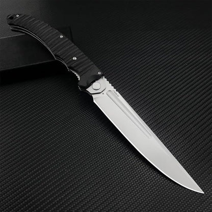 HUAAO 12 INCH Russian Avatar Folding Knife for Men,D2 Blade Black G10 Handles Tactical Survival Gear Saber Knives,Safety Liner Lock,Flipper Assisted Outdoor Camping Tool (White blade)