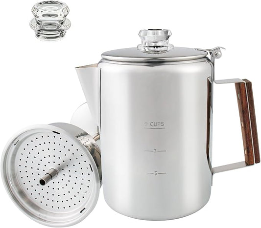 Coffee Percolator Camping Coffee Pot Stainless Steel Coffee Maker with Two Heat Resistant Tough Glass Knob Using on any Stovetop Outdoor Traveling NO Aluminum NO Plastic (9 Cup)