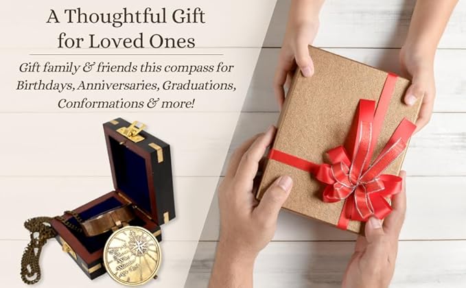 Brass Nautical - Not All Those Who Wander are Lost Brass Gift Embossed Compass with Wooden case, Graduation Day Baptism Communion Confirmation Day Motivational LOTR J.R.R. Tolkien (Wooden Box)