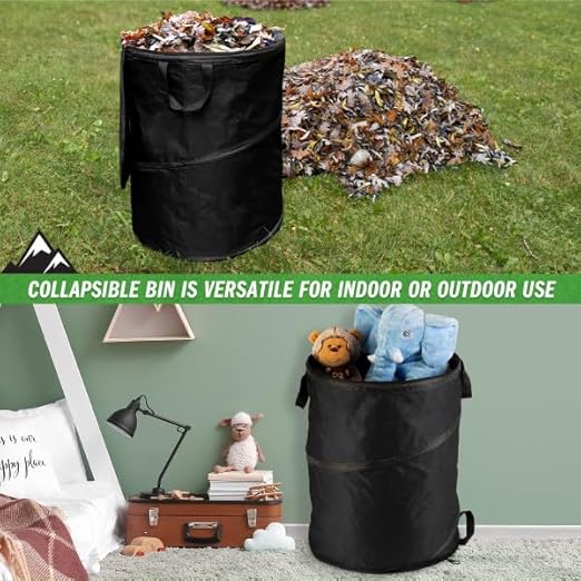 Collapsible Trash Can - 46-Gallon Garbage Can Outdoor Bin with 3 Stakes for RV, Camping, Storage, Recycling, or Yard Waste by Wakeman Outdoors (Black)