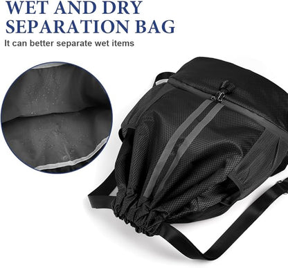 Drawstring Backpack, Waterproof Sports Backpack, Large Sports Gym Bag With Shoe Compartment and Water Bottle Mesh Pockets, for Sports Beach Holidays Swimming Travel (Black)