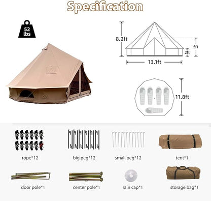 Cotton Canvas Bell Tent with Stove Jack, Roomy Yurt for Family Glamping Camping, 4 Season Tent with Zipped Removable Floor